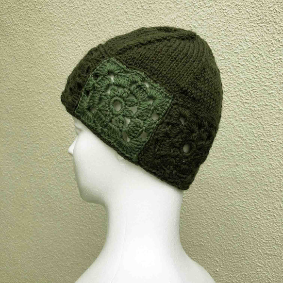 かぎ針編みのモチーフと棒針編みの組み合わせ　ウールニット帽 1枚目の画像