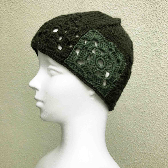 かぎ針編みのモチーフと棒針編みの組み合わせ　ウールニット帽 2枚目の画像