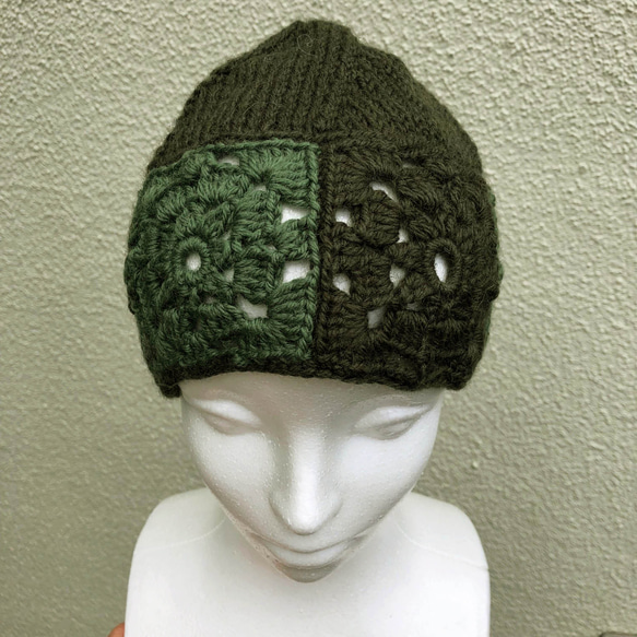 かぎ針編みのモチーフと棒針編みの組み合わせ　ウールニット帽 4枚目の画像