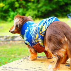 犬服　ダックスちゃんのボア付きハイネックタンクトップ　トライバル×茶ボア 3枚目の画像