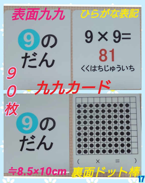 新品】ドット棒表記で理解り易い掛け算九九カード90枚ラミネート加工袋
