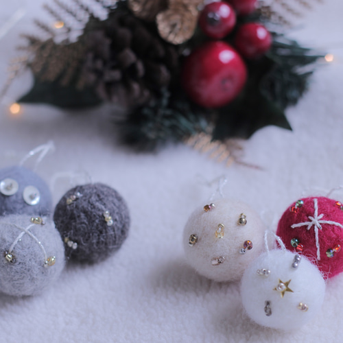 6個セット グレー+レッド 惑星クリスマスツリーオーナメント＊羊毛