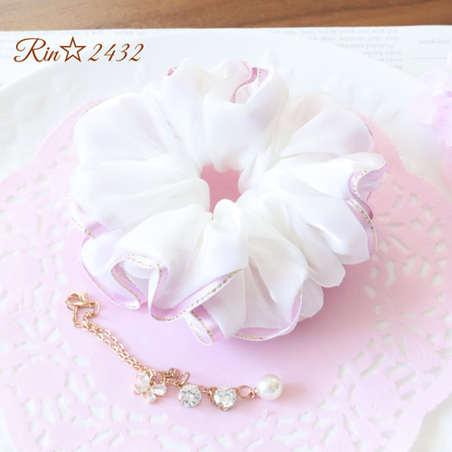 現品のみ^ ^オーガンジー リボン♡パープル♡シェル♡うさぎ 上質なサテン・A・薄紫のリボン付き】オーロララメが施された