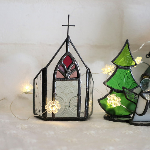 ステンドグラスキャンドルホルダー・ピンクのステンドの教会(受注制作