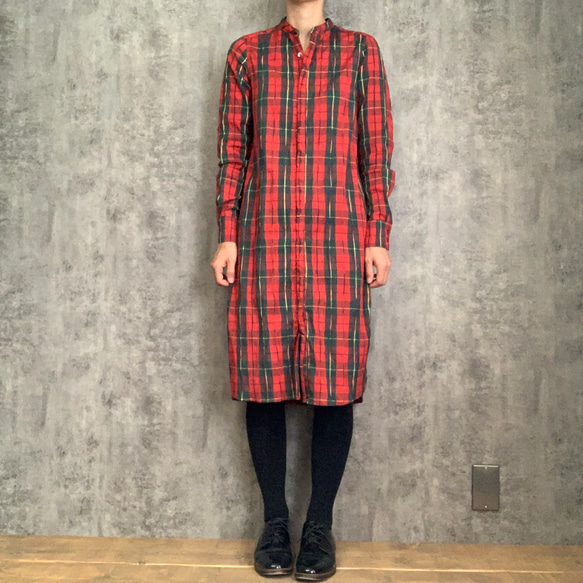 赤チェックのシャツワンピース Red check shirt dress ブラウス kajiku