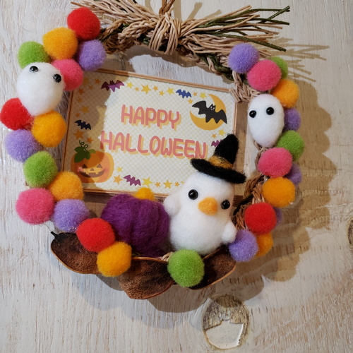 お化けのハロウィンリース 羊毛フェルト かぼちゃ パンプキン f00082 