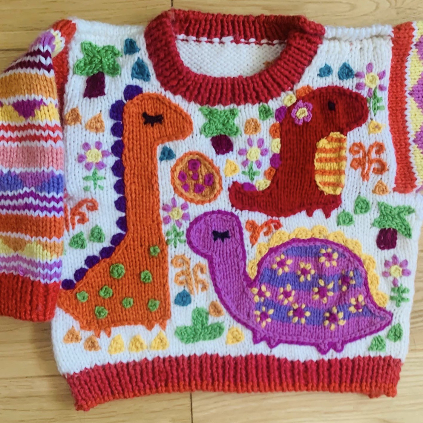 恐竜ちゃんのカラフルセーター（レッド系）　90〜100cm