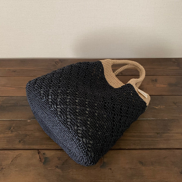 ダイヤ柄かごバッグ：ブラック×ナチュラル 4枚目の画像