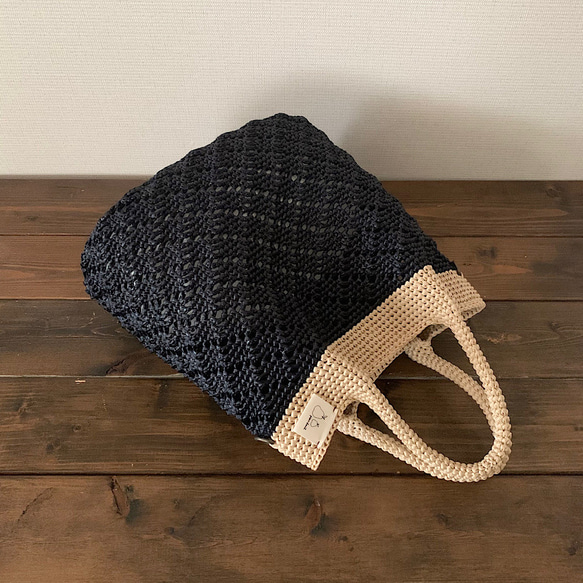 ダイヤ柄かごバッグ：ブラック×ナチュラル 3枚目の画像