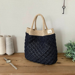 ダイヤ柄かごバッグ：ブラック×ナチュラル 1枚目の画像