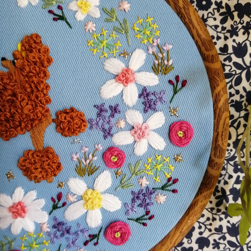 花に遊ぶブラウンプードルさん・イングリッシュガーデン刺繍壁