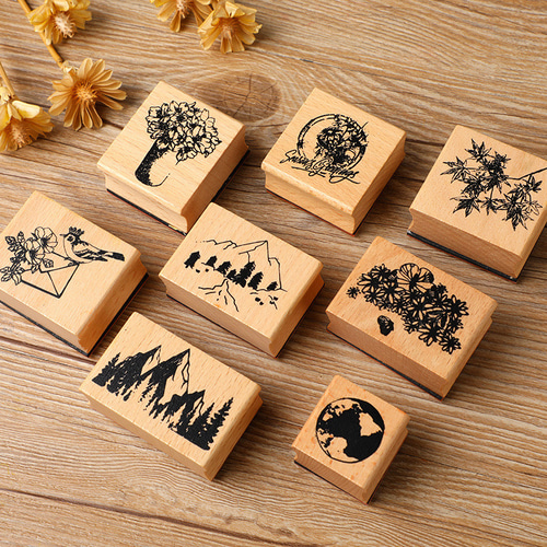 コラージュ用品 木製スタンプ 8個セット 花 山 地球 はんこ 筆記用具