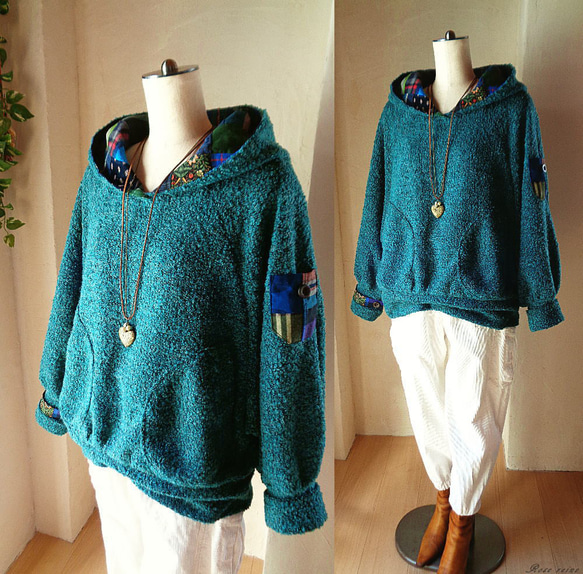 ラス1 絵画なパッチワーク ビッグフードパーカー ゆったりラグラン  