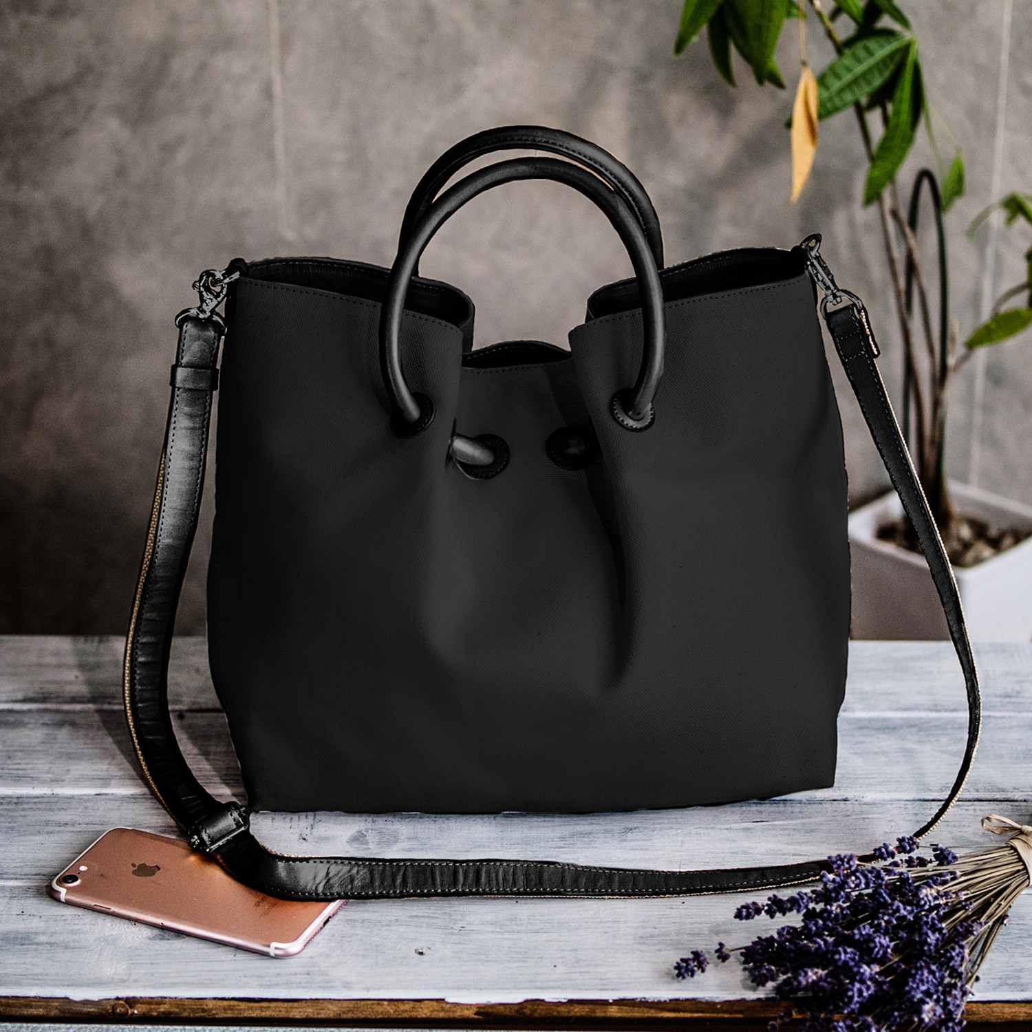 リネン＆本革2wayバッグ 6号帆布  ショルダーバッグ 麻 キャンバス 【ブラック】