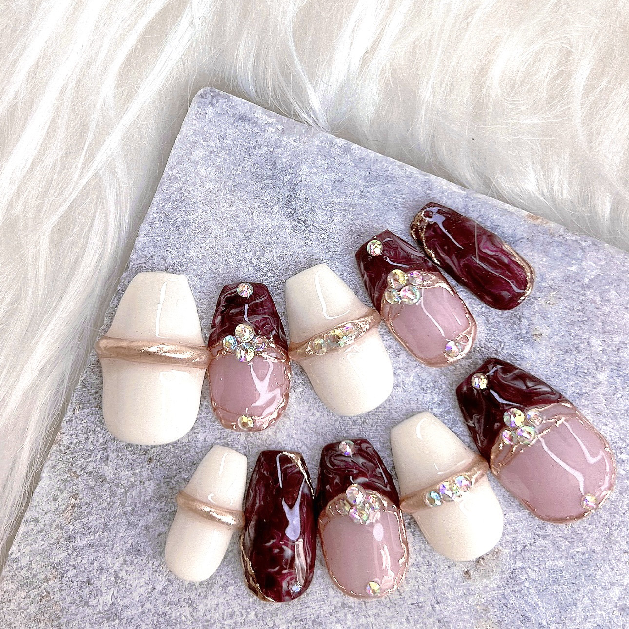 フラッシュ オーダー フレンチ ネイルチップ ミラー ハート リボン ボルドー