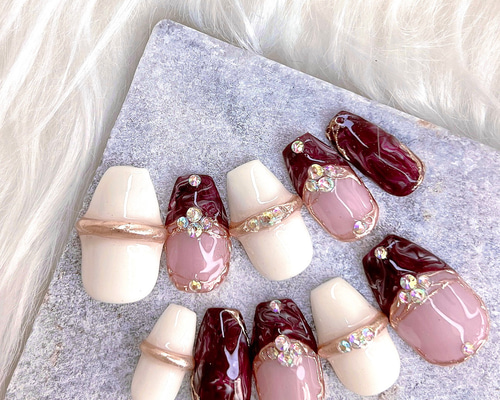 ネイルチップ オーダー ミラー フレンチ ボルドー フラッシュ リボン ハート ネイルチップ オーダー ミラー フレンチ ボルドー フラッシュ