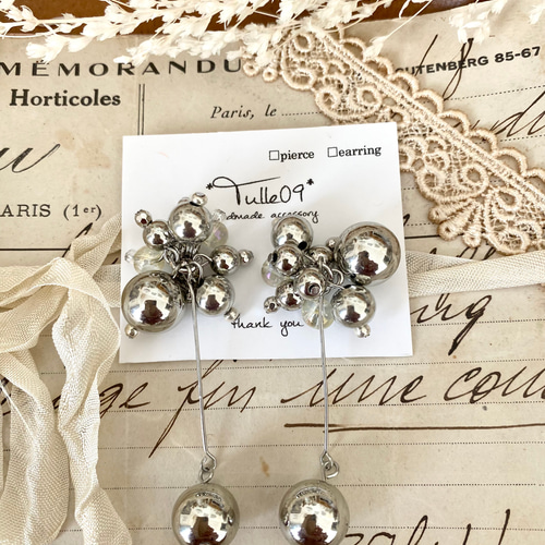 #990 パール シルバー じゃらじゃら ピアス イヤリング ハンドメイド ♡30【再販】シルバー クリア 鈴丸 チェーン ハンドメイド