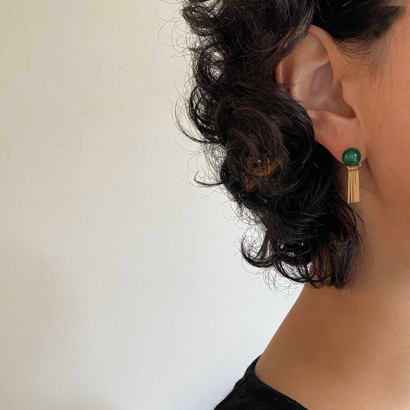 Green onyx&fringe pierce グリーンオニキス 14kgf 2way ピアス 4枚目の画像