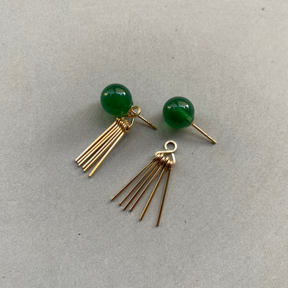 Green onyx&fringe pierce グリーンオニキス 14kgf 2way ピアス 1枚目の画像