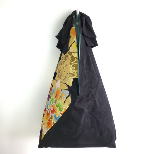 リボンバッグ 正絹帯地 西陣花丸黒帯唐華草文様 【着物・帯のリメイク