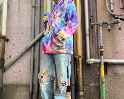 リメイク デニム 手縫い パッチワーク ペイント ロングパンツ Miharu