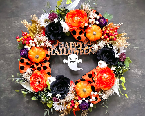 ★ハロウィンリース／他／計⑤点★2025★ No.wreath-15488/ハロウィンリース22-(25) オバケ45cm/アーティ