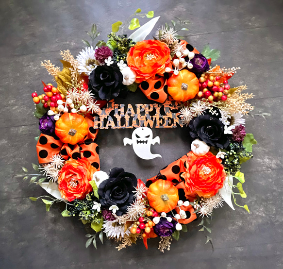 No.wreath-15488/ハロウィンリース22-(25) オバケ45cm/アーティフィシャルフラワー造花 1枚目の画像