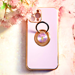 ピンクのブーケ　iPhoneケース スマホケース スマートフォン　イニシャル入 リング付き 押し花  紫　ピンク 2枚目の画像