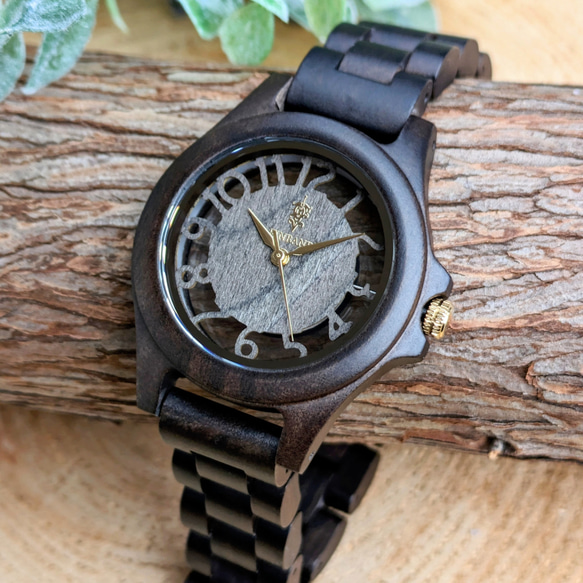【木製腕時計】EINBAND Freiheit Sandalwood & Gold 木の時計 スケルトン【34mm】 3枚目の画像