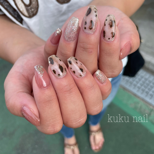 レオパード×コーラルピンクネイルチップ ネイルチップ（つけ爪