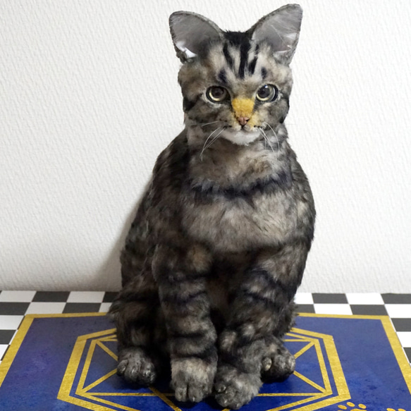 リアルキジトラ猫ちゃん❤️招き猫、陶器人形、置物、猫人形、キジトラ猫、縁起物、作家 運気爆上がり猫❣️金のうんピ乗っけた招き猫❤️陶器人形、置物、作家