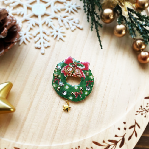 ブローチ クリスマス ツリー ベル リース ガラスストーンの