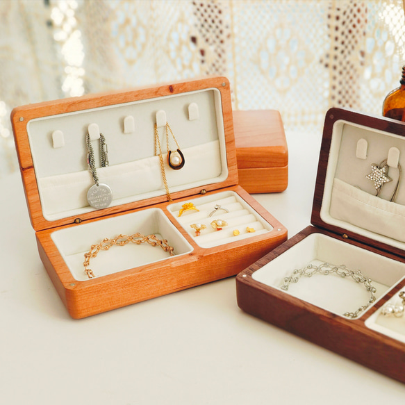 木製ジュエリーボックス イヤリング ブレスレット ネックレス 指輪 アクセサリー 収納 チェリー ウォールナット材 4枚目の画像