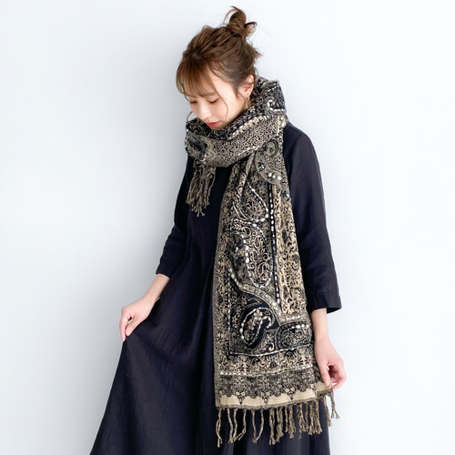 インドのオリエンタル模様と刺し子のマフラー〔ブラック〕 マフラー
