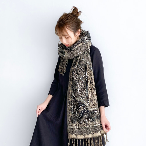 インドのオリエンタル模様と刺し子のマフラー〔ブラック〕 マフラー