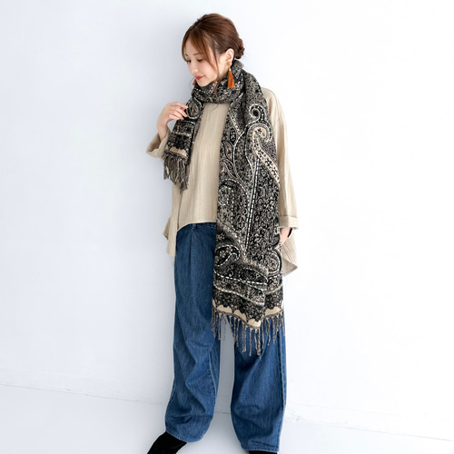 インドのオリエンタル模様と刺し子のマフラー〔ブラック〕 マフラー