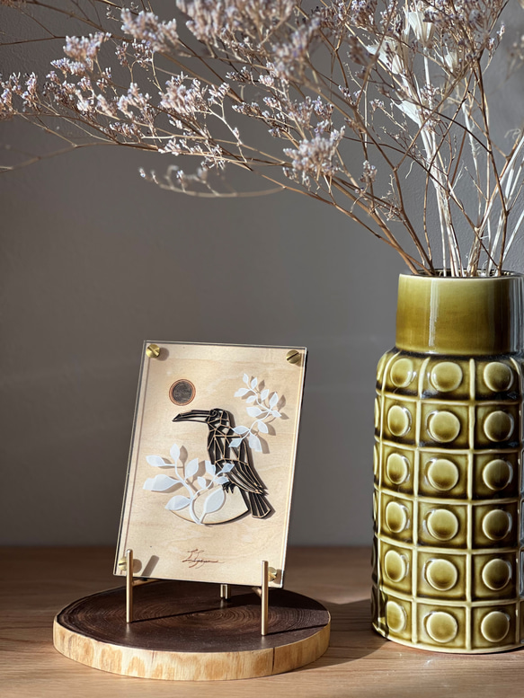 『小サイズ・鳥』【真鍮金具×アクリル×木のアートパネル】ご自宅やプレゼントに☆ 2枚目の画像