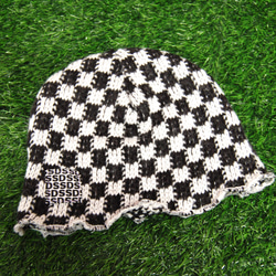 チェッカーフラッグ　ニット帽:ブラック　市松模様 6枚目の画像