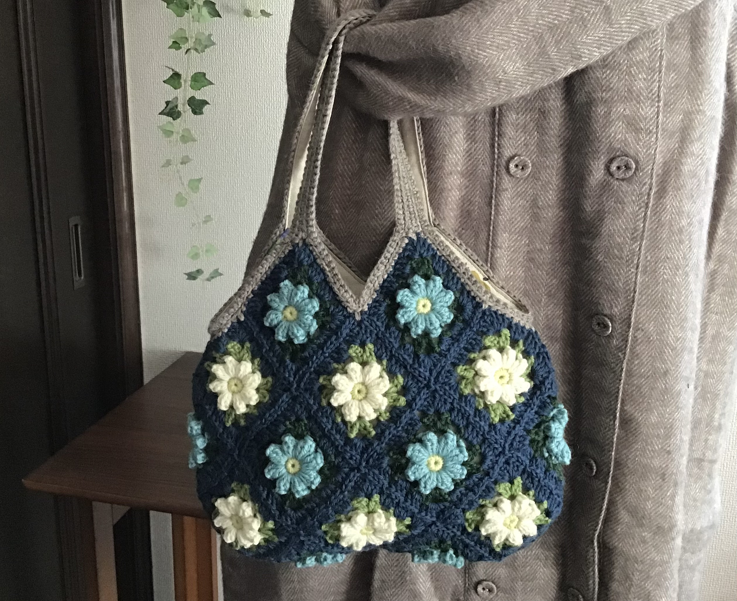 【Creema限定】毛糸のお花モチーフバック(ブルー)受注制作