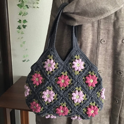 Creema限定】毛糸のお花モチーフバック(グレー)受注制作