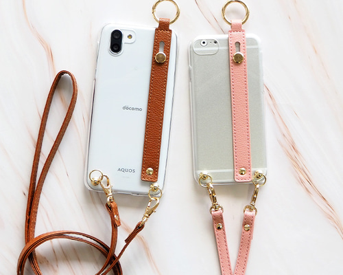 スマホケース ハード 全機種対応【クリアケース×スリムレザーベルト