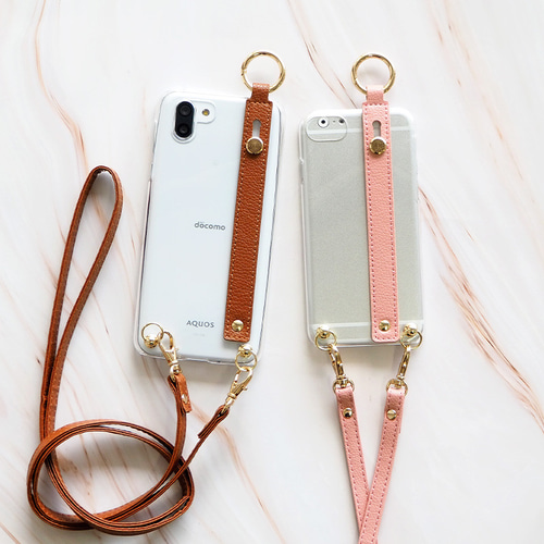 スマホケース ハード 全機種対応【クリアケース×スリムレザーベルト