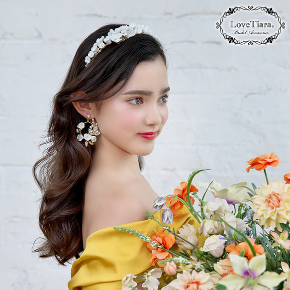 アンジェライヤリング/ピアス(TE-14)|花嫁 ゴールド 白 花 ナチュラル 大ぶり ウエディング 結婚式 披露宴 10枚目の画像