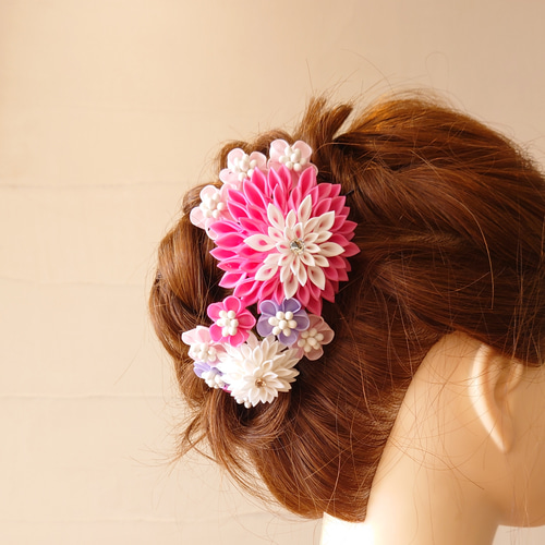 七五三、成人式、卒業式『ピンク系大輪の花髪飾り3点セット』 つまみ  