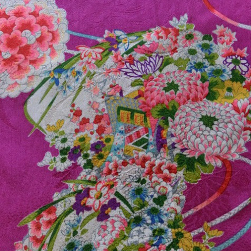 古布＊正絹綸子縮緬＊花の扇＊33x143cm＊はぎれ◇アンティーク 