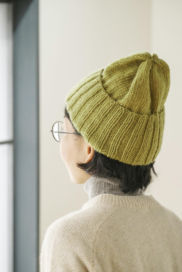 受注制作12ヶ月】手編み ニット帽 ロングリブ（ピスタチオイエロー
