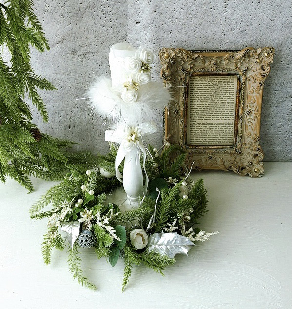 ホワイトキャンドル&ボタニカルリース/クリスマス2セット/光触媒加工/1点物