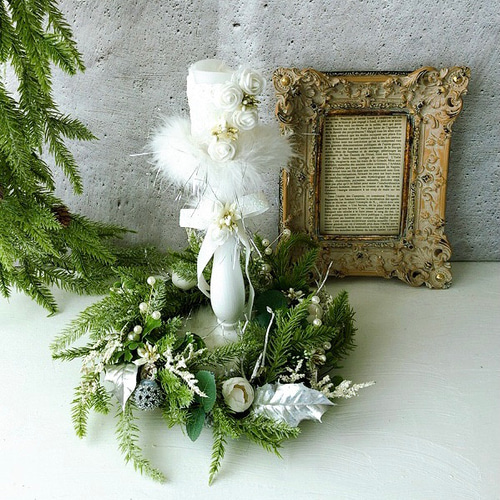 ホワイトキャンドル&ボタニカルリース/クリスマス2セット/光触媒加工/1  