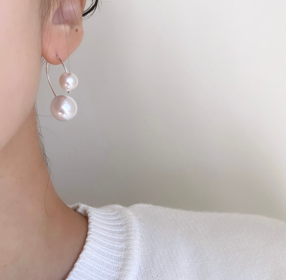 silver filled 2way double pearl パールキャッチ ピアス 6枚目の画像