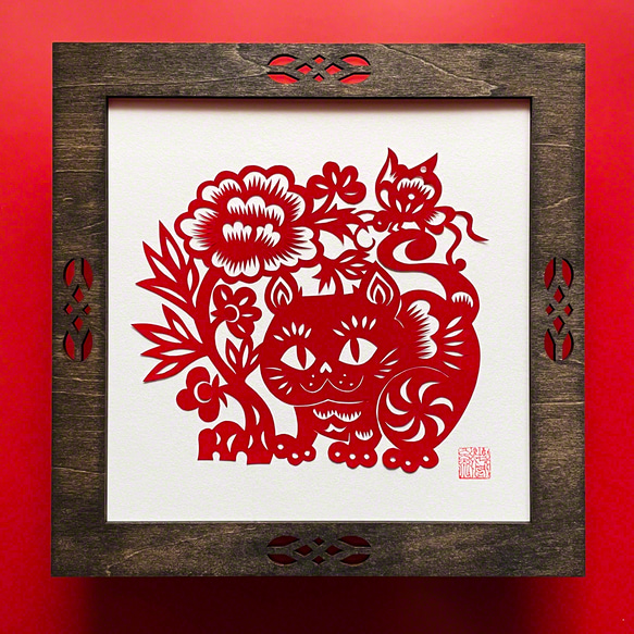 受注製作】切り紙・猫と牡丹、蝶［耄耋（もうてつ）富貴］※木製